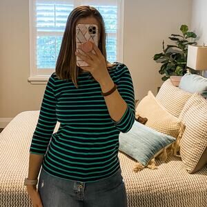 Ann Taylor Loft Petite Teal/Navy Stripe Blue Boat Neck Sweater